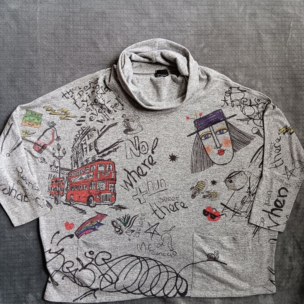 Artsy Creative Inoah Graphic Graffiti Turtleneck Illustrated Sweatshirt Small - Picture 2 of 14
